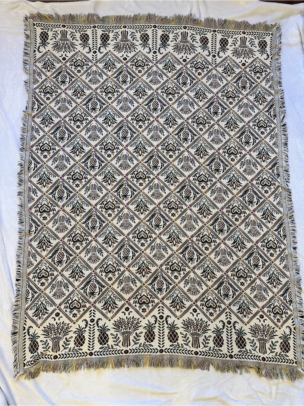 Vintage Goodwin Weavers 68" X 54” Cotton Afghan Throw Blanket Heart Pineapples